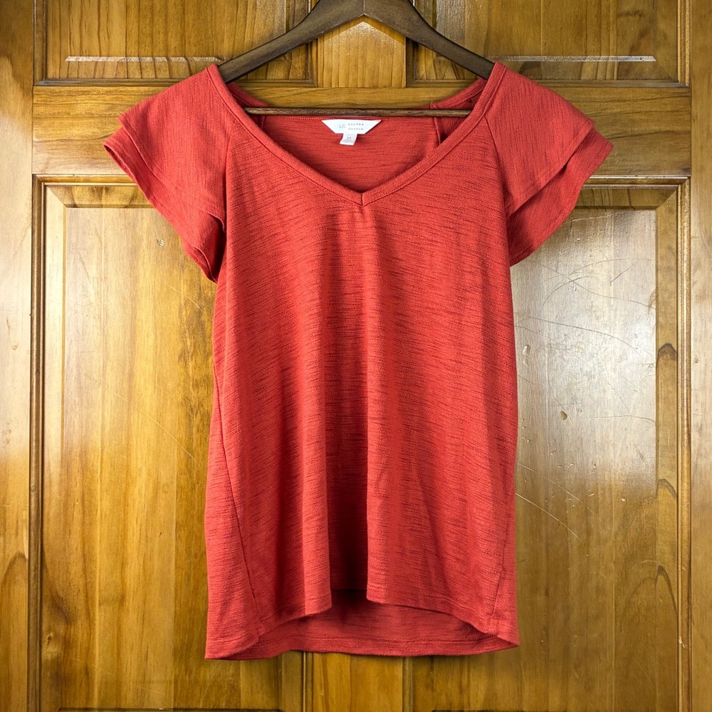 LC Lauren Conrad Rust Red V-Neck Tiered Flutter Sleeve Slub Knit Top Medium